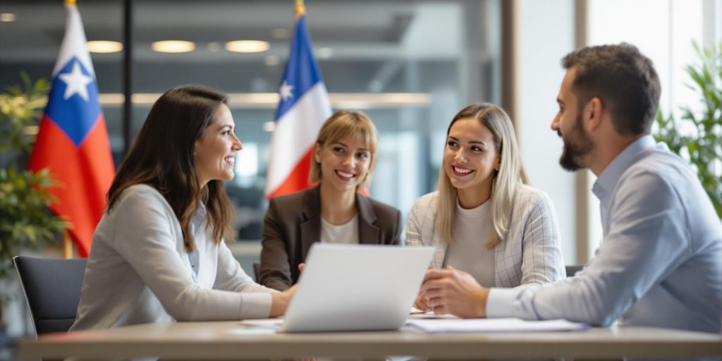 Business team meeting with Chilean flags present.