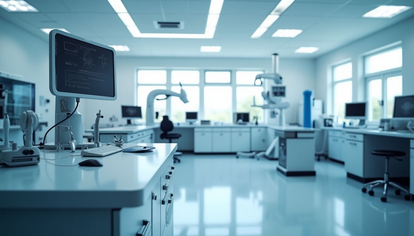 High-tech medical research laboratory with advanced equipment.